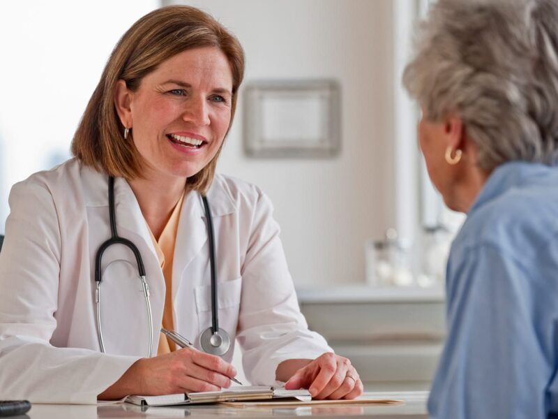 Experimental Drug May Ease Hot Flashes 8 1800x1200 getty rf senior woman talking with doctor