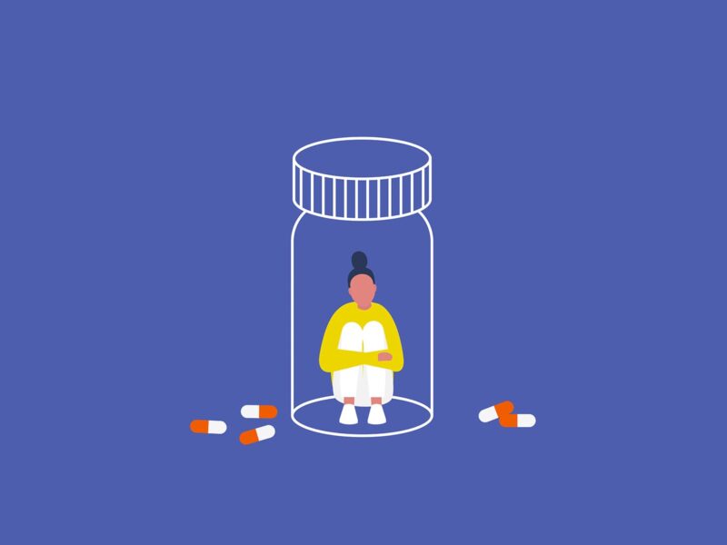 1800x1200 people illustration blue yellow woman bottle pills 01 other